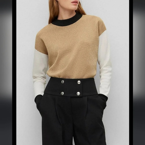 Hugo Boss, Fangal Metallic Colorblock Pullover Sweater, Black/Gold/Cream, Size M - Picture 1 of 14